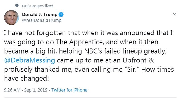 During his years in the White House, Trump kept an eye on Debra Messing's negative tweets about him and responded in September 2019, recalling the story he would later reveal to author Ramin Setoodeh.