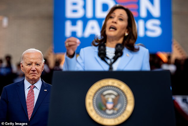 US Vice President Kamala Harris introduces US President Joe Biden during a campaign