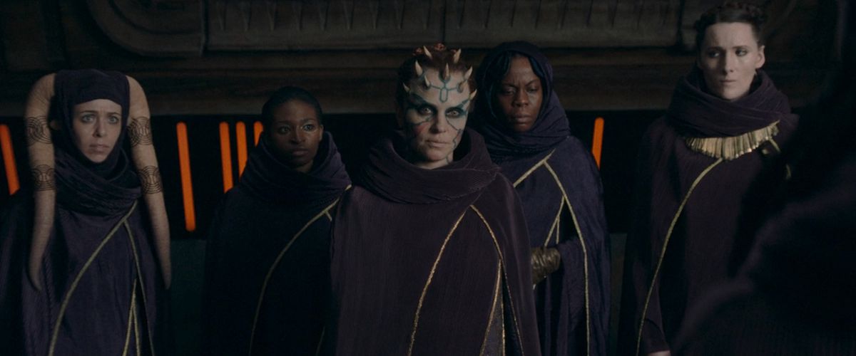 Five witches from coven on Brendok, with Mother Koril (Margarita Levieva) in the middle, in a screenshot from Star Wars The Acolyte