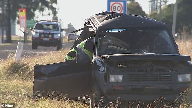 A family friend told Daily Mail Australia the Harrises regularly traveled to Dalby, where they were heading on Monday when tragedy struck (pictured: aftermath of the crash)