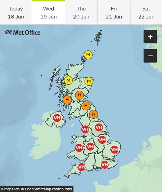 The 'very high' pollen levels are expected to move further north as the week progresses, with high levels across most of England, Wales and Northern Ireland