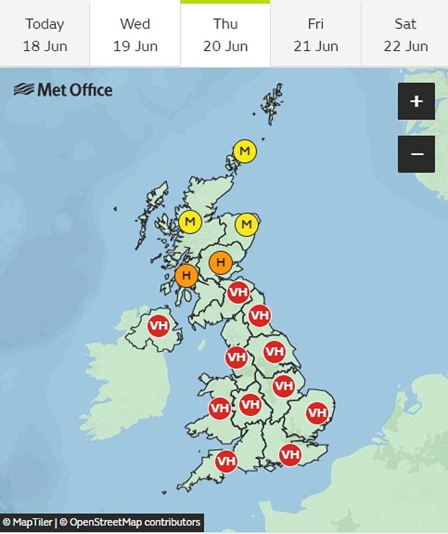 On Thursday this week, the Met office says pollen levels will be 'very high' for most of Britain