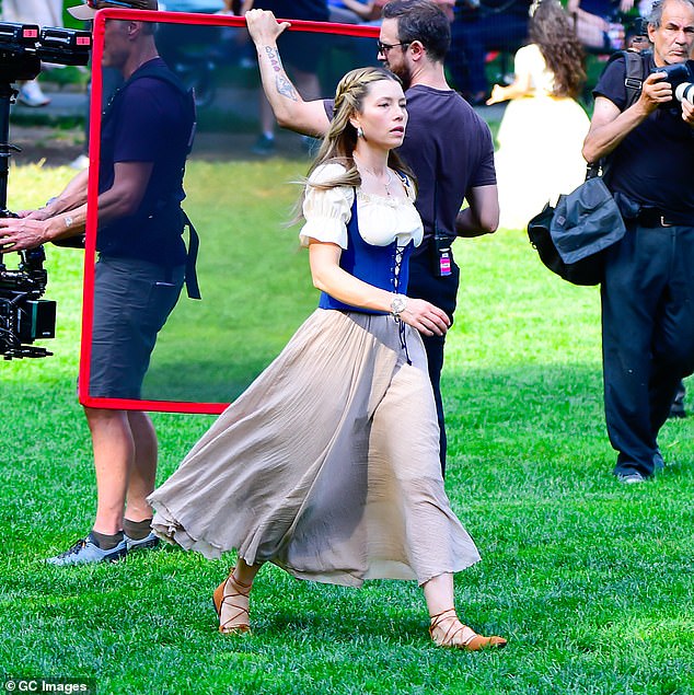 The singer's wife, Jessica Biel, is pictured here Monday during the filming of 