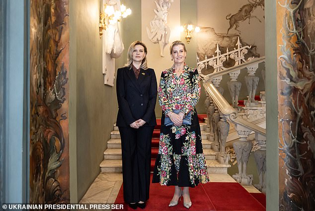 Sophie recently became the first member of the royal family to visit Ukraine since the Russian invasion.  Above: Sophie stands next to Ukrainian first lady Olena Zelenska in Kiev on April 29