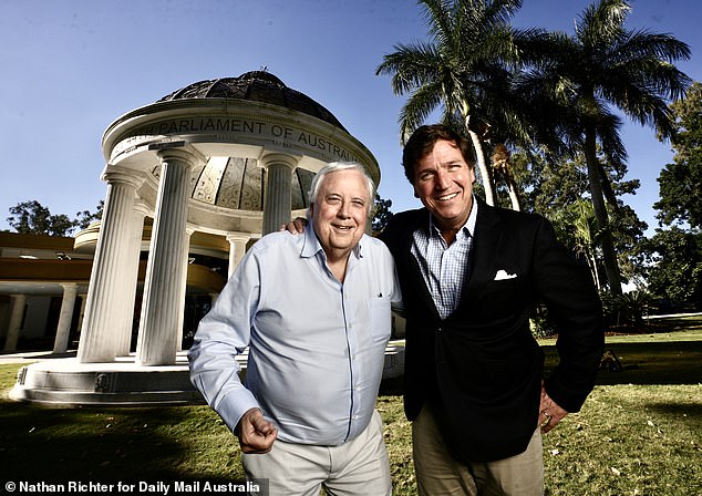 Carlson spoke at the Australian Freedom Conference at the invitation of mining billionaire Clive Palmer (the two men are pictured together)