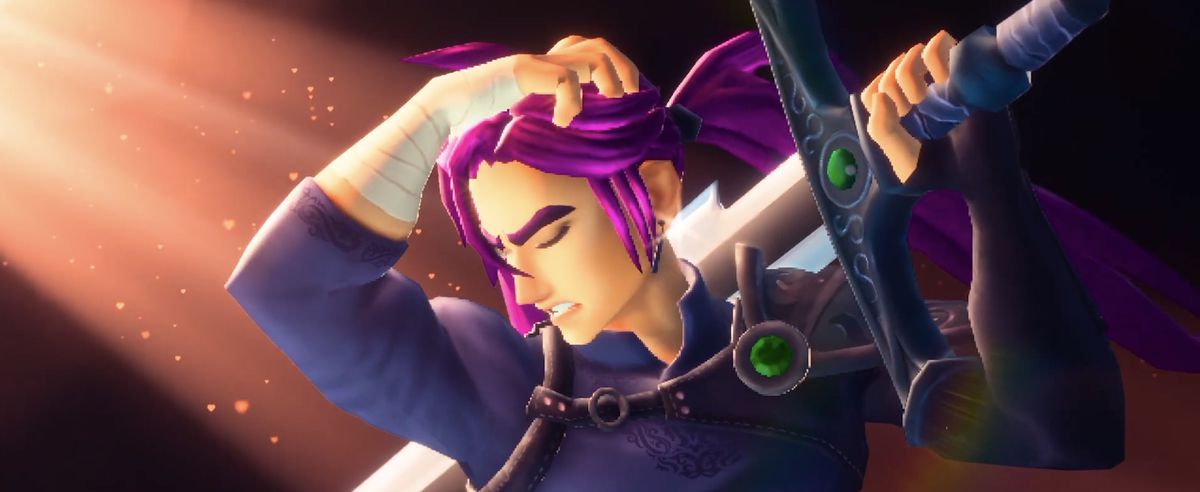 A low-poly video game character dramatically bowing his head while holding his enormous sword with one hand, purple hair flowing in the wind