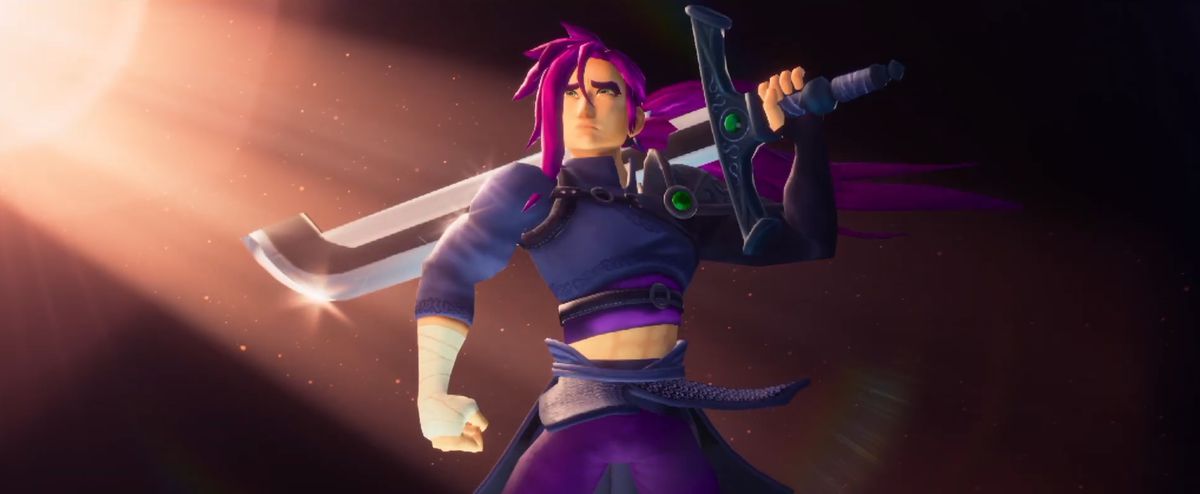 A PlayStation 2-like video game character with wavy purple hair and a huge sword. 