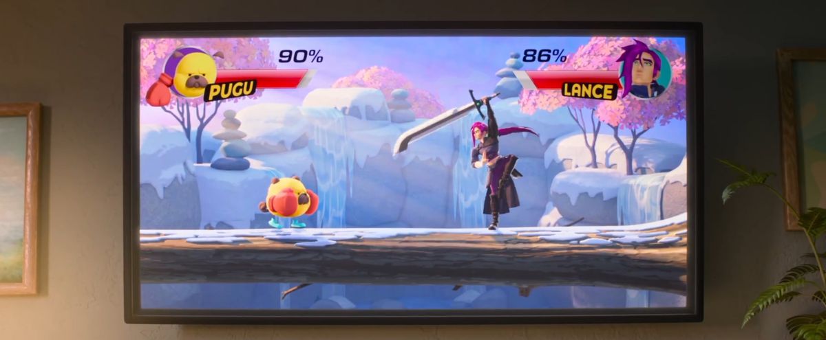 An animated version of a video game on a TV screen.  It looks like a Super Smash Bros.-esque game, where a cartoonish blob and a JRPG character battle each other. 