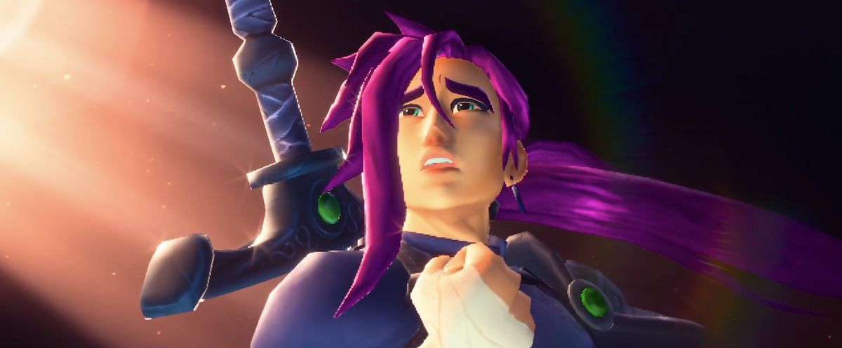 A low-poly video game character holding a fist up, dramatic purple hair flowing in the wind, a huge sword strapped to his back