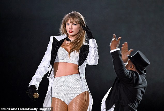 Swift performs on stage during "Taylor Swift |  The Eras tour" at the Principality Stadium on June 18