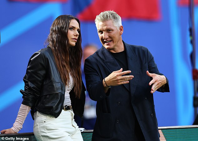 Bastian Schweinsteiger (right) seemed distracted by Rodriguez's performance and made a shocking comment live to presenter Esther Sedlaczek (left)