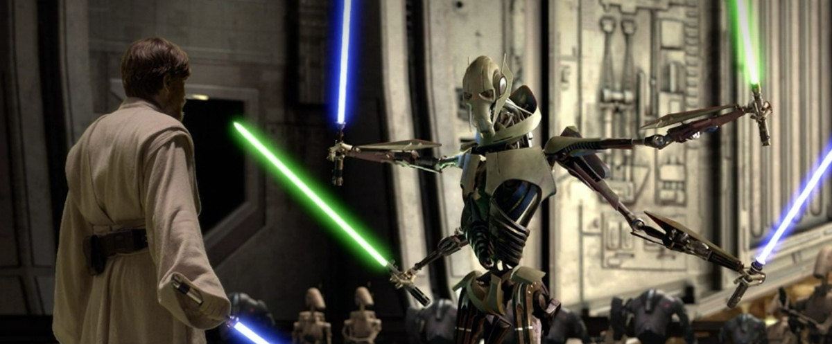 General Grievous stands before Obi-Wan Kenobi as he wields four lightsabers in his robotic arms 