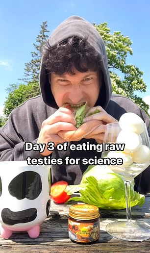 He is pictured above biting into a raw testicle