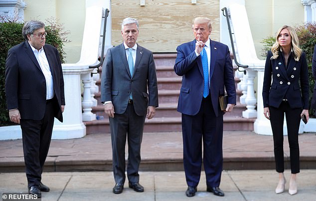 Trump and O'Brien outside the White House at St. John's Episcopal Church in 2020, flanked by U.S. Attorney General Bill Barr and Press Secretary Kayleigh McEnany