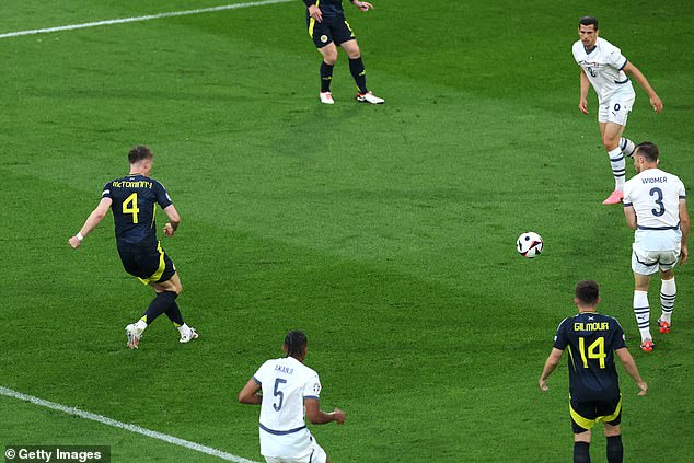 McTominay lets fly with the effort that produced Scotland's opener, via a deflection off Schar