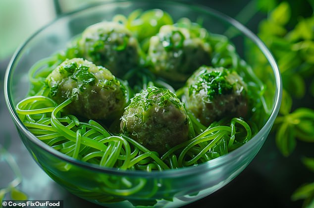 Expanded plant breeding will welcome new varieties that are not currently widely known, such as the fast-growing freshwater fern azolla used for soups, salads and even hamburgers.  Pictured: azolla spaghetti and 'meatballs' as suggested by AI