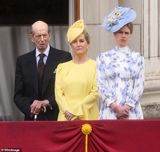 The Duke of Kent (left) on the palace balcony during Trooping the Color with the Duchess of Edinburgh and Lady Louise Windsor