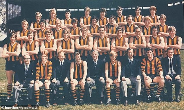 Porter (pictured, second row, fifth from right) was part of the 1971 Hawthorn premiership team that defeated St Kilda for the flag