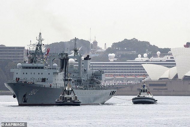 A Chinese naval vessel is seen in Sydney Harbor on June 7, 2019.  Mike Pezzullo wrote about the military threat from China in a 2009 Defense White Paper and said successive Australian governments since then have not done enough