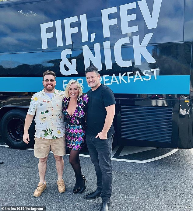 The Hit Network is also home to Carrie Bickmore and Tommy Little's hugely popular Drive show, and Kyle and Jackie O's rival show Fifi, Fev and Nick (pictured)