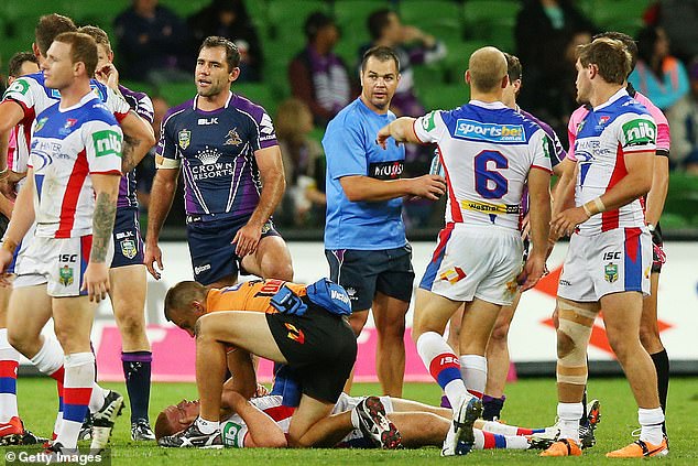 Alex McKinnon was left paralyzed after a tackle in an NRL match for the Knights against Melboure Storm (pictured) in 2014