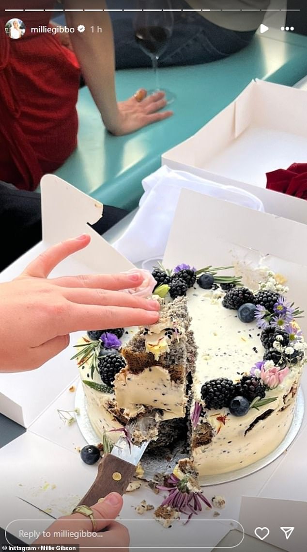 The actress was surprised with a cake by her co-stars after taking a break from filming a new version of The Forsyte Saga