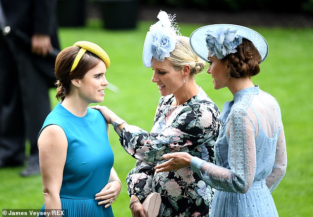 Pictured: Zara, Eugenie and Kate Middleton chatting together at the Royal Ascot in 2019