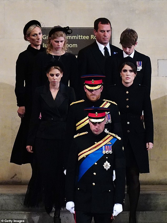 Pictured: Prince William, Prince Harry, Princess Eugenie, Princess Beatrice, Peter Phillips, Zara Tindall, Lady Louise Windsor and James, Viscount Severn arriving to hold a vigil in honor of Queen Elizabeth II at Westminster Hall on September 17 2022