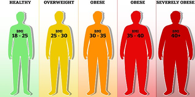 According to the BMI system, a score of 18.5 to 25 is healthy.  A score of 25 to 29 counts as overweight, and 30-plus means someone is obese, the stage at which the risk of disease increases dramatically