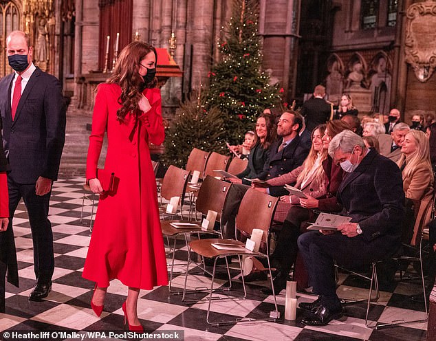 William and Kate walk past Carole and Michael Middleton and Kate's siblings Pippa and James during the Christmas carol service at Westminster Abbey, 2021