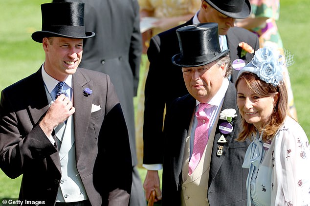 Prince William, Sir Francis Brooke and Carole Middleton smile as they attend day two of Royal Ascot 2024