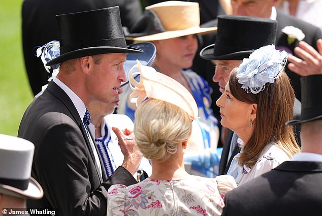 Prince William in deep conversation with Carole Middleton and Zara Tindall at Royal Ascot today
