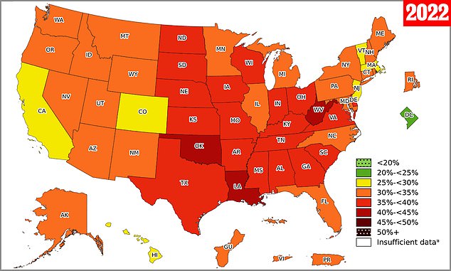 The map above shows the obesity rate by US state in the year 2022, the most recent data available.  The data was revealed Thursday by the Centers for Disease Control and Prevention