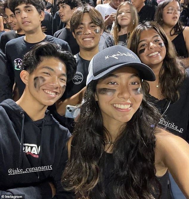 Sarina (right) with Jake (left) and their friends during a sports match