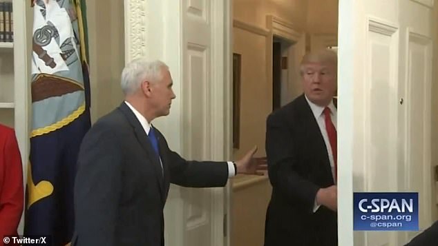 In another clip, former President Donald Trump (right) leaves a Whtie House event before he should, followed by then-Vice President Mike Pence (left)