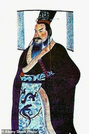 Above is an image of Qin Shi Huang, the ruthless first emperor of China, dated circa 1850 AD.