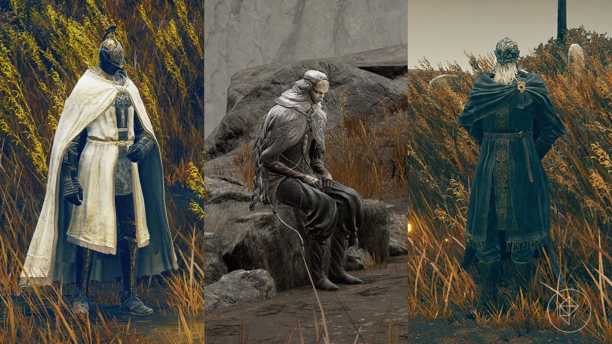 Tri-split image of Leda, Thiollier and Sir Ansbach from Elden Ring's DLC, Shadow of the Erdtree.