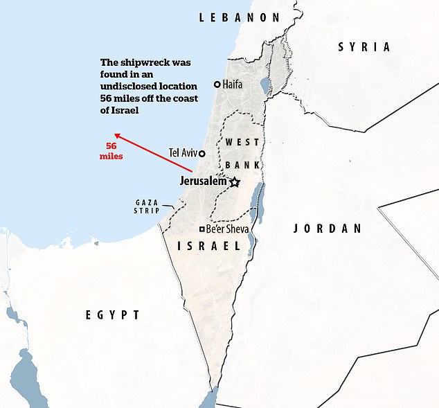 Although the exact location has not been revealed, experts say the shipwreck is on the seabed, about 90 km from Israeli land.