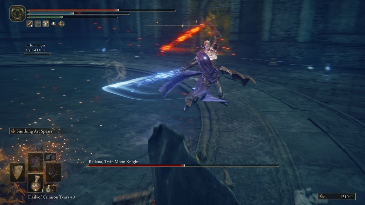 Rellana lunges at a player with swords infused with flame and fire in the Elden Ring DLC