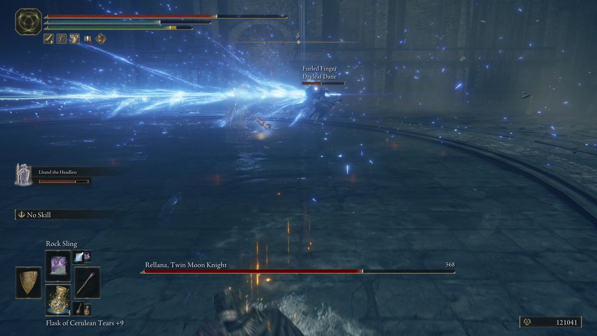 Rellana sweeps the area with a huge blue glowing Carian Greatsword in Elden Ring