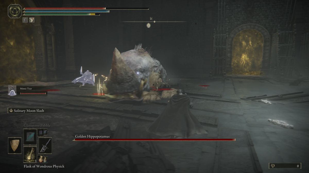 A Spirit Ash summon attacks the Golden Hippopotamus in the Elden Ring DLC