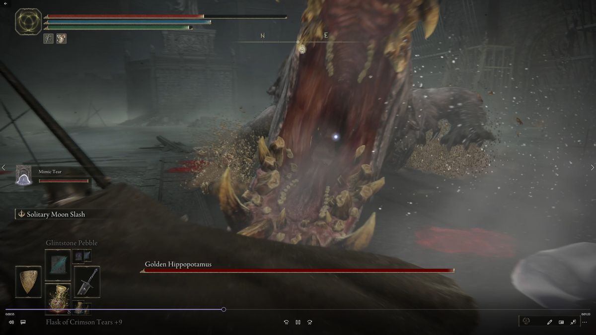 The Golden Hippo's huge open mouth filled with broken teeth in the Elden Ring DLC