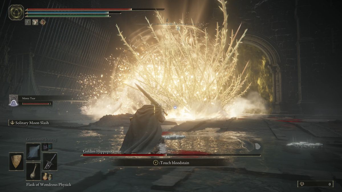 Golden glowing spikes shoot out of the golden hippo in Elden Ring