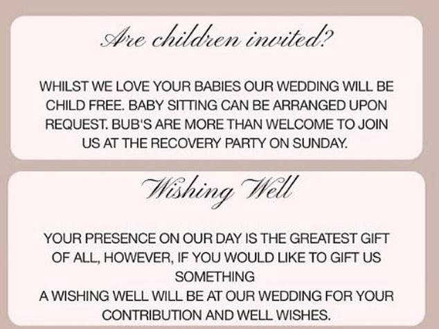 The invitation caused controversy as it stated that the wedding would be 'child-free' apart from Tammy's children, as well as the inclusion of a 'wishing well' for financial donations on the day.