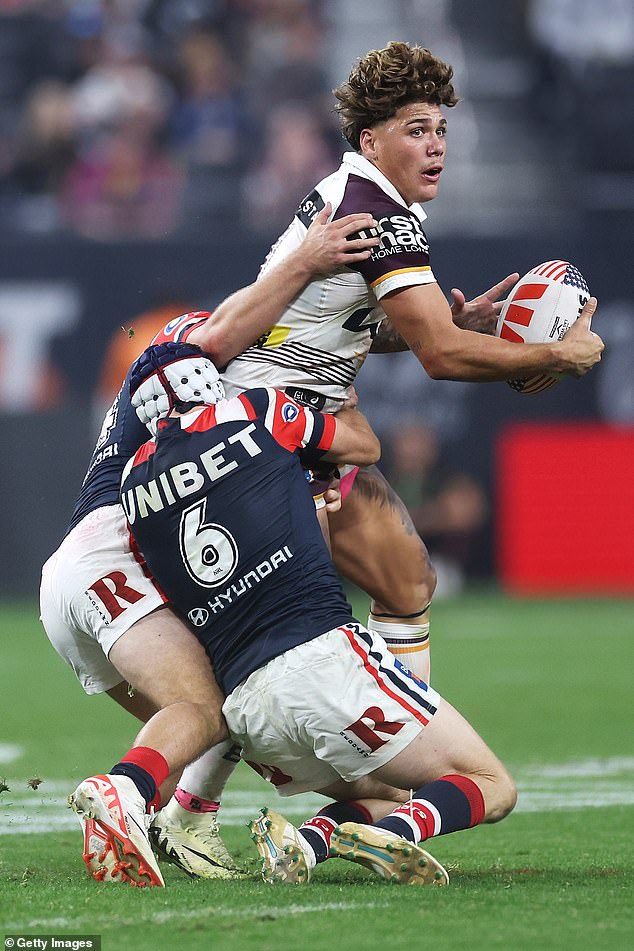 The season-opening Sin City double-header was a roaring success and clubs - with the exception of the Storm - are keen to get in on the action in 2025 (Photo: Brisbane's Reece Walsh plays against the Roosters in Las Vegas)