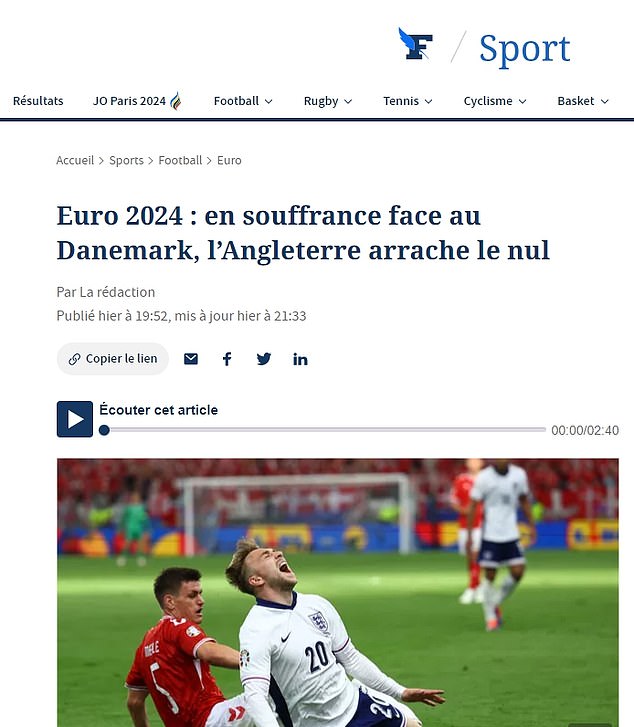 Le Figaro wrote that England 'suffered' against Denmark and were lucky to 'get a draw'