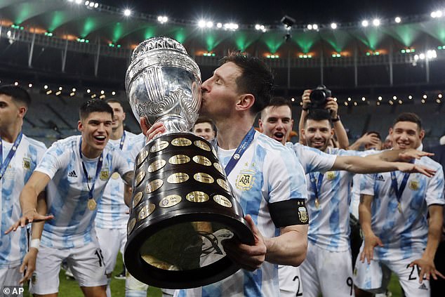 Messi kisses the trophy after beating Brazil 1-0 in the 2021 Copa America final