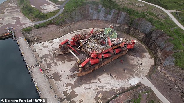 After years of serving the oil industry in the North Sea, the oil rig has been reduced to a pile of scrap metal