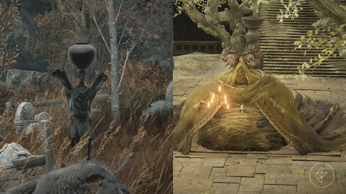 A shadow undead holding a pot and a large omen shaman dressed in golden clothing from the Elden Ring DLC, Shadow of the Erdtree.
