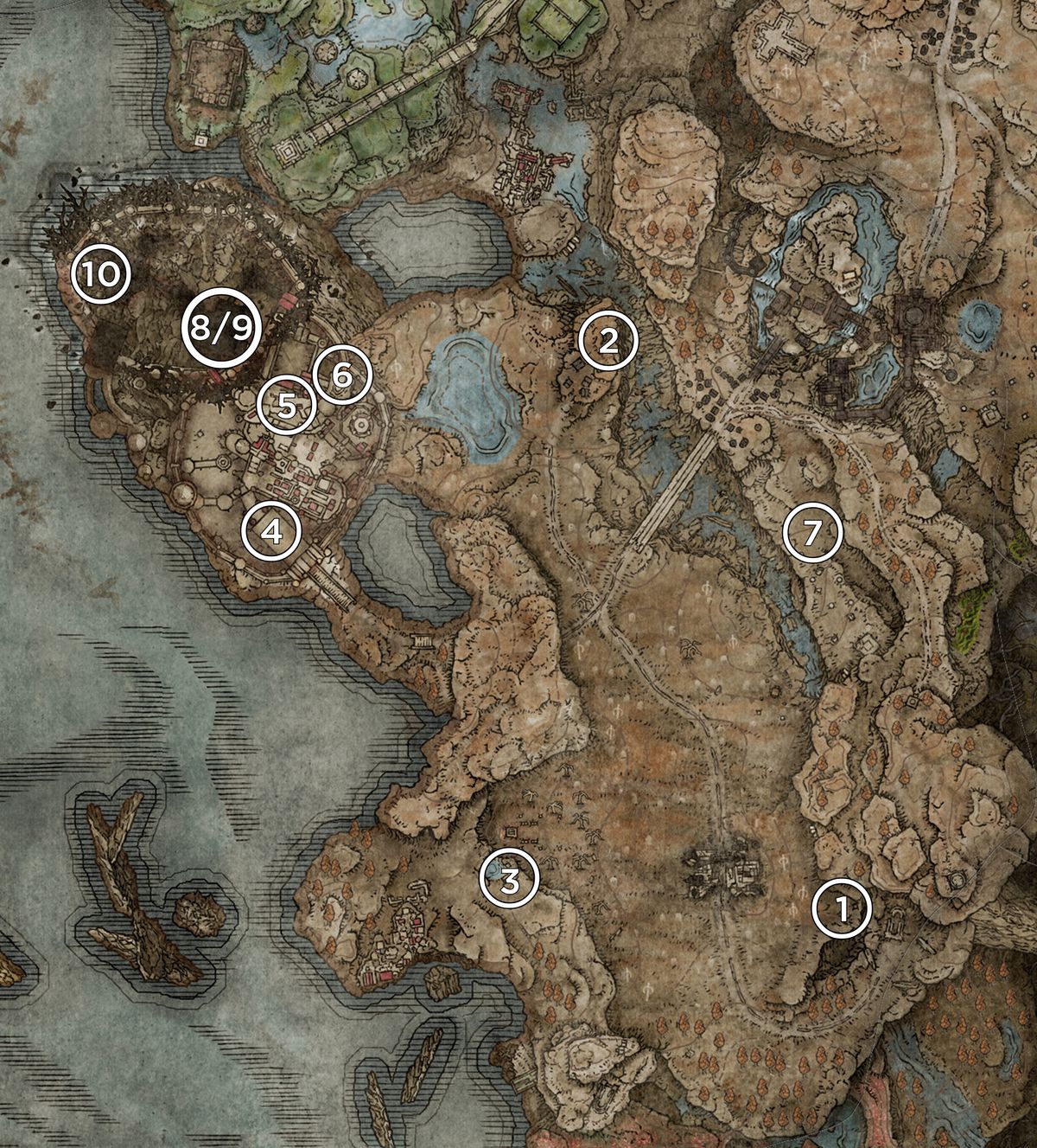 A map from the Gravesite Plains of Elden Ring DLC, Shadow of the Erdtree, with locations of the Revered Spirit Ashes highlighted.
